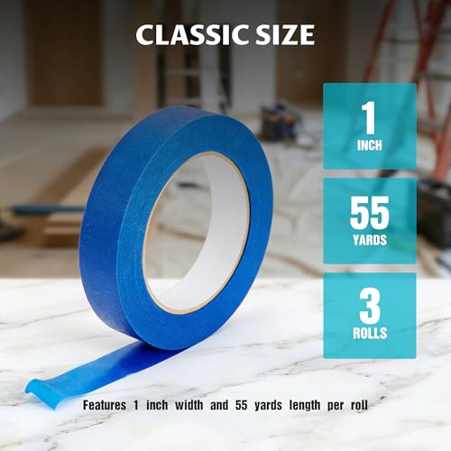 Lichamp 3 Pack Blue Painters Tape, 1 inch x 55 Yards x 3 Rolls