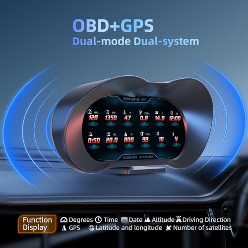 MH OBD2 HUD Head Up Display, OBD2 + GPS Speedometer Dual System, Digital GPS Speedometer Heads Up Display for Cars, AUTO Gauge Real-Time Monitoring of Engine Temp/Voltage/Fuel