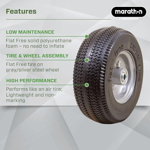 Marathon 00026 Flat Free 2.80/2.50-4 Tire and Wheel Assembly, 3” Centered Hub, 1/2” Ball Bearings, Replacement Tire for Casters, Utility Carts and Other Equipment, Easy Install Assembly - style: 1/2" Ball Bearings