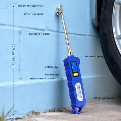 Rechargeable Digital Tire Pressure Gauge, Heavy-Duty Dual-Head Tire Gauge, USB-C Fast Charging, Backlit Display, LED Light, 4 Unit Switching, for Trucks, Motorhomes, Cars, and Motorcycles