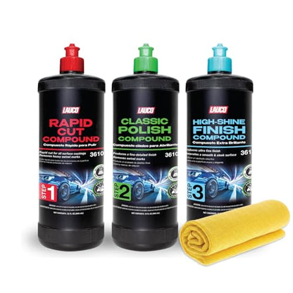 LAUCO 3-Step Kit – Steps 1 2 3 – 32oz, with a Towel, Professional Silicone-Free Cutting, Polishing & Finishing Compounds for Scratch Removal, Clear Coat Safe High-Gloss Finish 36101 - style: Combo–32oz