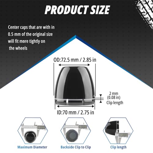 4 Pack Wheel Center Caps Kit for 2.75" 2-3/4", OD 72.5 mm / 2.85 inch ID 70 mm / 2.75 inch hub caps, Snap-in High Gloss Black ABS-Plastic Rim Covers - color: high gloss black