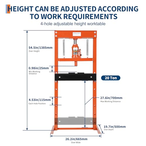 20T Hydraulic Shop Press, H-Frame with Adjustable Height, Pneumatic Benchtop Hydraulic Shop Press with 2 Press Plates, for Garage, Workshop, Orange