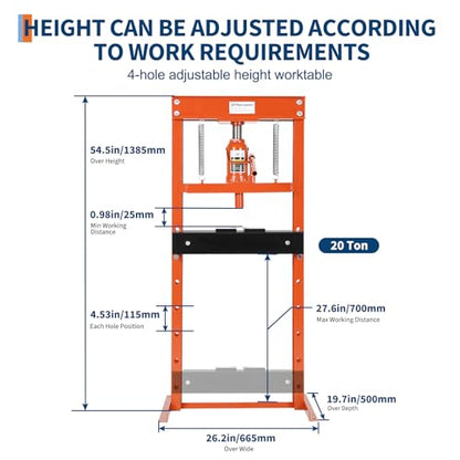20T Hydraulic Shop Press, H-Frame with Adjustable Height, Pneumatic Benchtop Hydraulic Shop Press with 2 Press Plates, for Garage, Workshop, Orange
