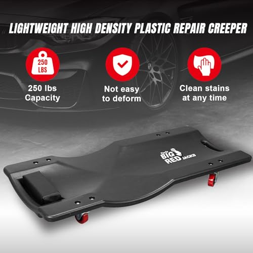 Big RED Torin 36" Rolling Garage Creeper, Shop Creeper Blow Molded Plastic Mechanic Cart with Padded Headrest with 4 Casters, 250 LBS, Black - style: Plastic Creeper-36inch-Black