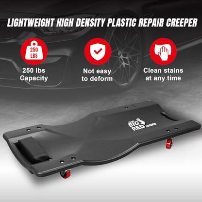 Big RED Torin 36" Rolling Garage Creeper, Shop Creeper Blow Molded Plastic Mechanic Cart with Padded Headrest with 4 Casters, 250 LBS, Black - style: Plastic Creeper-36inch-Black