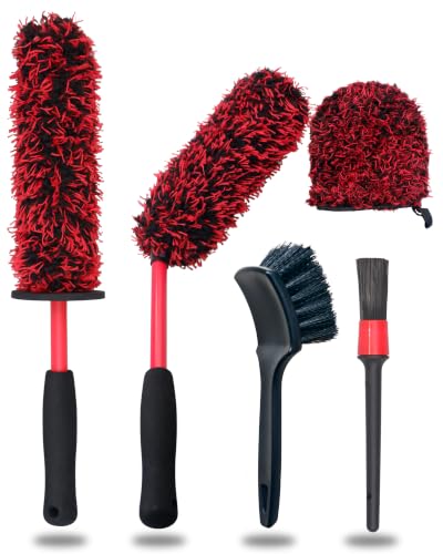 oesee Microfiber Wheel Brush Kit- Microfiber Wheel Brush, Long Handle Wheel Brush, Tire& Detailing Brush, Wheel Wash Mitt. Hands-On Wheel Detailing Kit for Daily Wheel Cleaning - color: Red/Black, size: 5-Pack