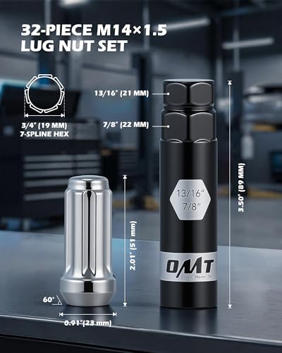 OMT M14x1.5 Lug Nuts with Cone Seat, 32pcs Lug Nuts Set with 1 Socket Key - color: Silver, size: M14x1.5, style: 32Pcs Spline Tuner