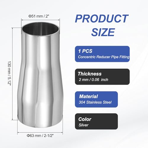 PATIKIL Concentric Reducer Pipe Fitting, 2-1/2"(63mm) to 2"(51mm) OD 304 Stainless Steel Butt Weld Tube Long Reducer Exhaust Pipe for Food Beverage HVAC Plumbing, Silver - size: 2-1/2" to 2" OD