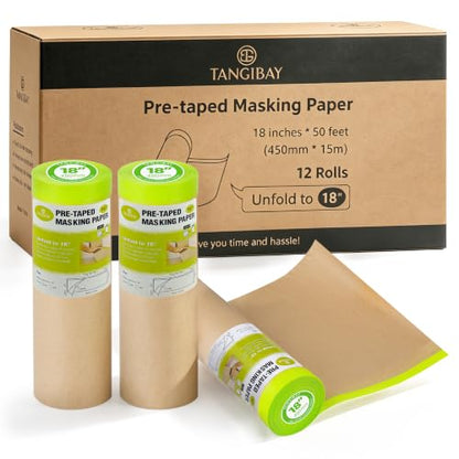 Tangibay Pre-Taped Masking Paper for Painting, 18 inch x 50 feet, 12 Rolls - size: 12 Rolls: 18"