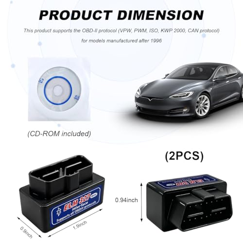 2 PCS ELM327 OBDII Car Auto Diagnostic Scanner, Professional Mini Bluetooth Scan Tool Engine Fault Code Reader, Wireless Failure Detector Interface Adapter for Most OBD II Vehicles (Black) - color: Black, 2 PCS