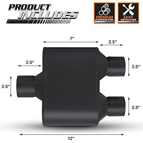 M-AUTO 2.5" Inlet and Outlet Dual Universal Muffler, 12" Overall Length Heavy Duty Stainless Steel Exhaust Muffler Assembly, Black