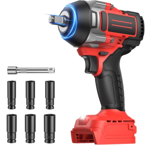 OLIBUY Cordless Impact Wrench for Mwkee M-18 Battery, 1106Ft-lbs (1500N.m) 1/2 Electric Impact Driver, 3 Speed High Torque Impact Gun with 6 Sockets, Impact Wrench for Car Home Mower (No Battery) - color: Red
