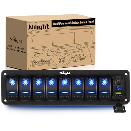 Nilight 8 Gang Rocker Switch Panel with PD Type C and USB Charger Voltmeter - color: Blue, size: 9 Gang Type C +USB