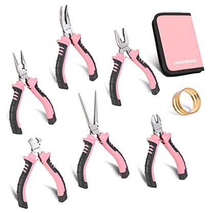 COMOWARE 6-Piece Mini Pliers Set, Needle Nose, Long Nose, Bent Nose, Diagonal, End Cutting and Linesman, for Crafts Work, Electronic Repair, with Pink Pouch - color: Pink
