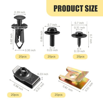 100 PCS Car Body Fender Bumper Splash Guard Fixing Clip, U Clips Rivet Fasteners and Undertray Screws Kit, Universal Auto Body Engine Under Cover Bolts, for Most Cars (Black)