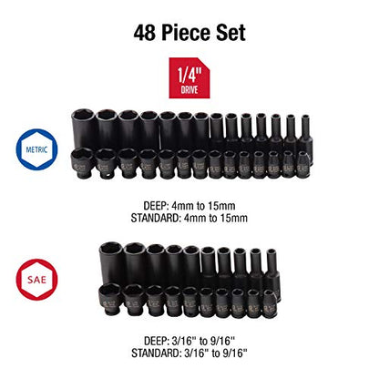 SUNEX TOOLS 1848, 1/4 Inch Drive Master Impact Socket Set, 48-Piece, SAE/Metric, 3/16 Inch - 9/16 Inch, 4mm - 15mm, Standard/Deep, Cr-Mo Alloy Steel, Radius Corner Design, Heavy Duty Storage Case