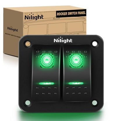 Nilight 2 Gang 3 Pin Rocker Switch Panel On Off SPST Toggle Green - color: Green, size: 2 Gang