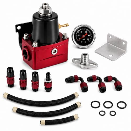 EFI Fuel Pressure Regulator 6AN Fittings and PTFE Braided Hose Bypass Return Adjustable (30-70PSI) (Red+Black) - color: Red+Black