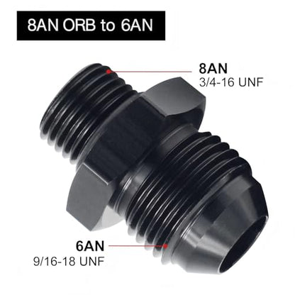6AN Male Flare to AN8 ORB O-Ring Straight Boss Fuel Pump Rail Fitting Adapter Aluminum Black 2PCS - size: 8AN ORB to 6AN