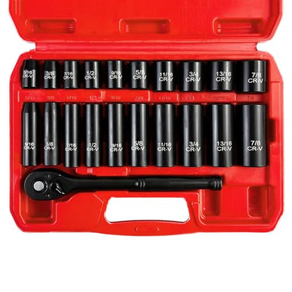 EACELIY 21pcs 3/8" Socket Set,Drive Impact Socket Set, SAE, Deep & Shallow, Cr-V Steel, 6 Point with Adapters, 72T Ratchet Handle, 5/16-7/8inch - size: 21 PCS (5/16"-7/8")