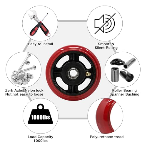 5 inch Heavy Duty Caster Wheel- Polyurethane Tread(Crowned) on cast lron Wheels -1/2" Bore -Roller Bearing, Set of 4 Heavy Duty Caster Wheel- 4000 lbs Capacity (4 Pack) - color: Crowned Poly on Cast Iron, size: 5"×2"