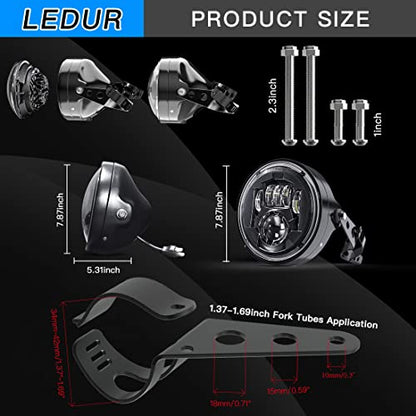 LEDUR 7 Inch LED Motorcycle Headlight with Housing Bucket, DOT Approved Round Hi/Lo Beam Headlamp, Fork Mount Brackets for 34-41mm Forks, Fit Cafe Racer Chopper Bobber Scrambler Street Tracker Bikes - size: C2 7In HI/LOW Motorcycle Headlight