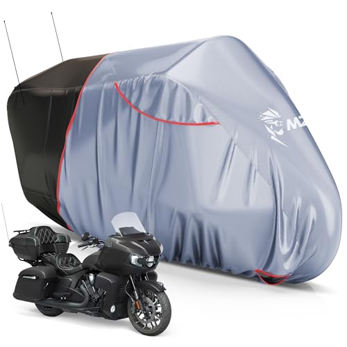 MZS Motorcycle Cover Waterproof Outdoor, Heavy Duty All Season Weather Sun Protection with Storage Bag Vents Night Reflective Cotton Lining Lock Holes fits up to 116" Motorcycles Vehicle Covers - size: XXX-Large 116 inches