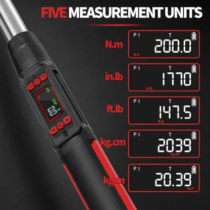 1/2" Digital Torque Wrench Set 6Pcs, 14.7-295Ft-lb(20-400Nm) ±2% Acc, Triple Vib/Beep/LED Alert, 5 Units, Torque Preset, Non-Marring Sockets, Ext Bar, Hard Case, Car Truck RV Tire Suspension Tool