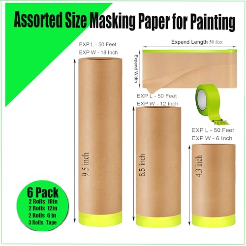 Masking Paper, 6 Rolls Automotive Paint Paper Roll with Tape, Assorted Sizes Tape and Drape, Paint Masking for Painting Car and Auto Body,Floor Protection, Wall Covering(6in 12in 18in)