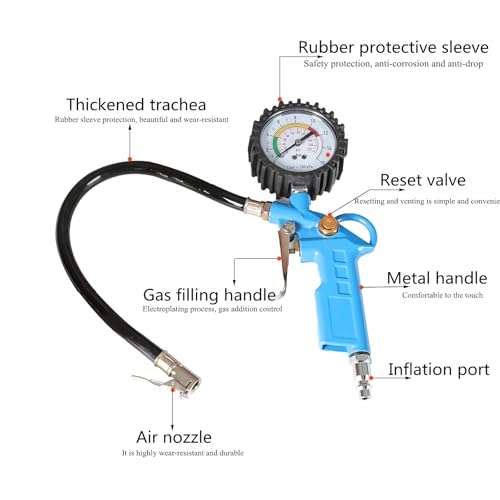 0-220PSI Tire Inflator with Pressure Gauge, 16 BAR Dial Wheel Air Tire Pressure Gauge, Air Compressor Tire Inflator Attachment for Cars Motorcycle Bike