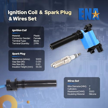 ENA Set of 8 Blue Ignition Coil Pack with 16 Spark Plug and Blue Wire Set Compatible with Chrysler Dodge Jeep Ram 1500 2500 3500 Magnum Grand Cherokee 300 5.7L V8 2003 2004 2005 Replacement for UF378