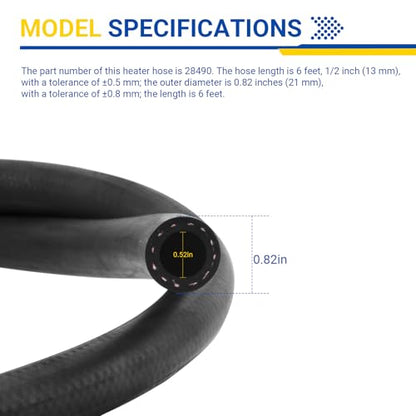 28490 Inner Diameter 1/2 Heater Hose,6' Length Universal Coolant Hose