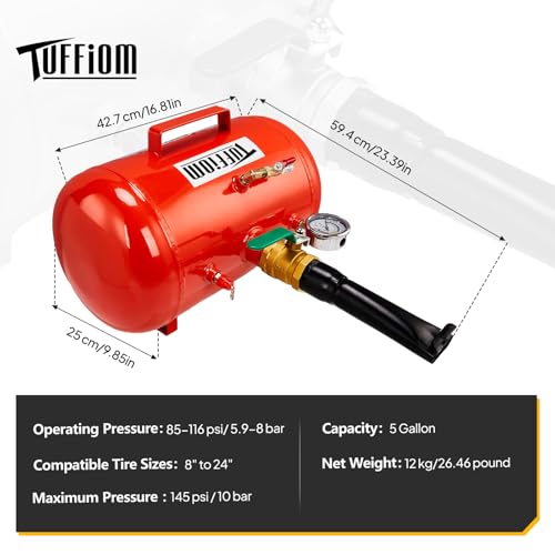 TUFFIOM 5 Gallon Air Tire Bead Blaster Seater w/Pressure Gauge & Handle, Wheel Seating Tool Inflator Tank for Truck ATV, 85-116PSI Operating Pressure, Red - color: Red