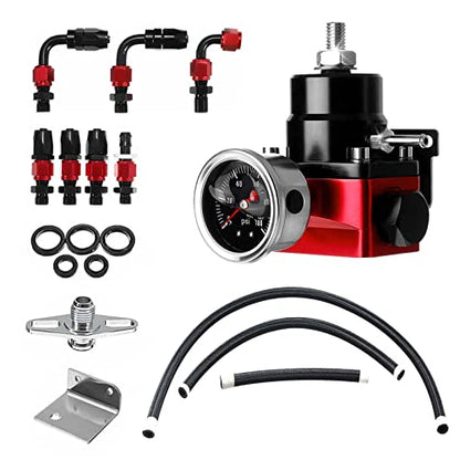EFI Fuel Pressure Regulator Kit with Bypass Return 0-100psi Pressure Gauge 6AN Fuel Line Adjustable Universal(Black & Red)