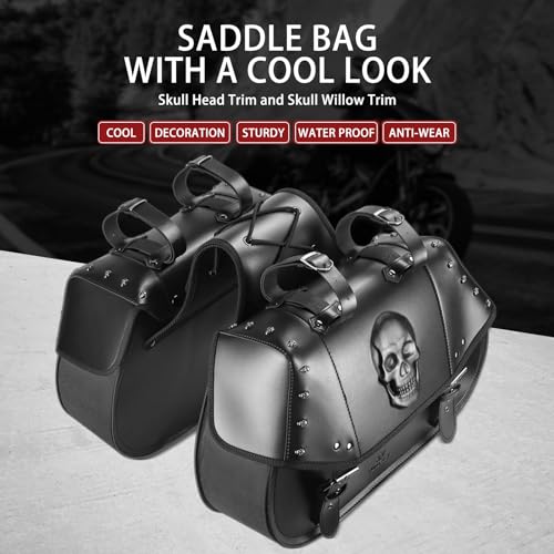 Motorcycle Saddlebags 34L Large Capacity PU Leather Side Saddle Bags Waterproof Universal for Harley Honda Yamaha Kawasaki (3D Skull,Black)