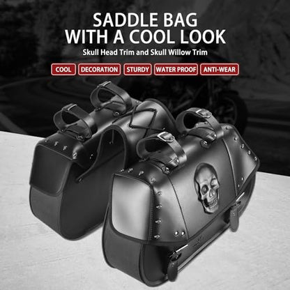 Motorcycle Saddlebags 34L Large Capacity PU Leather Side Saddle Bags Waterproof Universal for Harley Honda Yamaha Kawasaki (3D Skull,Black)