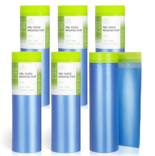 Tangibay Pre-Taped Masking Film for Painting - 56" x 66' Painters Plastic Sheeting for House & Automotive Paint, Tape and Drape for Covering Cars, Walls, Windows and Furniture Protection (6 Rolls) - size: 6 Rolls: 56"x66'