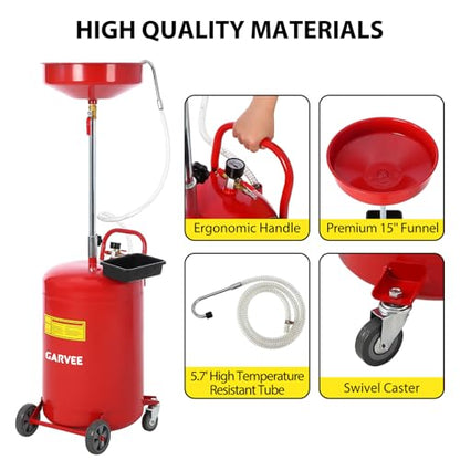 Garvee 20 Gallon Waste Oil Drain Tank, Portable Oil Drain Container, Air Operated Drainer, Fluid Fuel Transfer Drainage, Adjustable Funnel Height with Wheel &15'' Premium Bowl and a Toolbox - size: 20 Gallon- Red