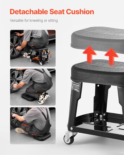 VEVOR Mechanic Stool, 300 lbs Capacity, Black, Industrial Style, Plastic Seat, Wheels, 360 Swivel, Tool Tray, Screwdriver Rack