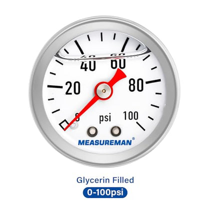 MEASUREMAN 1-1/2" Dial Size, 304 Stainless Steel case, Liquid Filled Fuel Pressure Gauge, 0-100Psi, 3-2-3%, 1/8" NPT Center Back Mount - size: 0-100 psi, style: Back Mount
