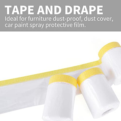 TAPEBEAR Pre-Taped Masking Film, Tape and Drape 9feet x 90feet 3Rolls - size: 2600mm x 27m