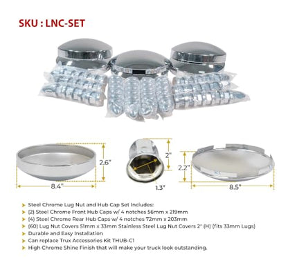Mytee Products 2 Pack Steel Chrome Axle Wheel Cover Set - Includes (2) Front Hub Caps, (4) Rear Hub Caps, (60) Lug Nut Covers 33mm for Semi Truck | Axle Cover Combo Kit - size: 2 - Pack