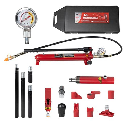 Maxority 10 Ton (20,000 lbs Capacity) Porta Power Jack Hydraulic Ram Auto Body Frame Collision Repair Kit Set, 17-Pcs, with Blow Mold Carrying Case and Gauge - size: 10 Ton with gauge