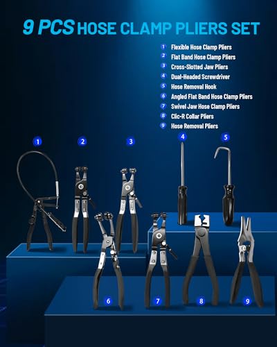 9Pcs Hose Clamp Pliers Set for Coolant/Fuel/Oil/Water Hoses