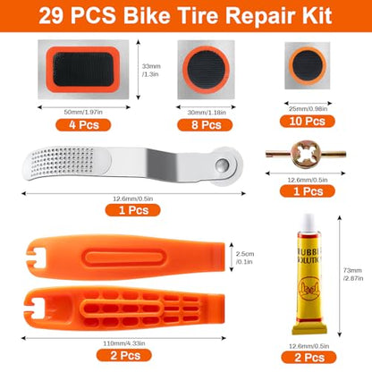 29 PCS Bike Tire Repair Kits - 22 PCS Patches,Tire Repair Glue, Tire Levers, Metal Rasp & Roller, Valve Wrench, Portable Bicycle Inner Tube Puncture Patch Kit for BMX MTB Road Bike Motorcycle