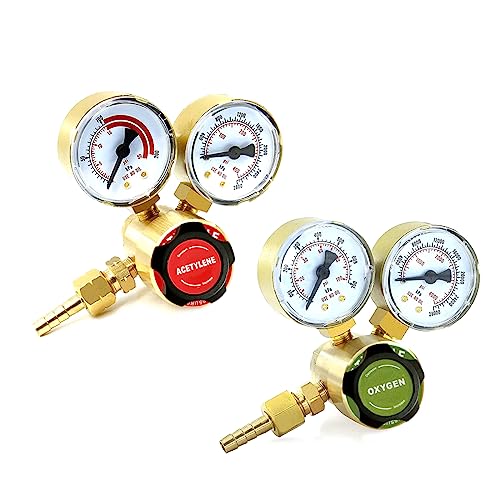Dual Welding Gas Gauges, Oxygen (CGA-540) Acetylene (CGA-200) Regulators Combo (2 PCS), Full Brass Kit for Portable Tanks Compatible with Victor Torch Cutting