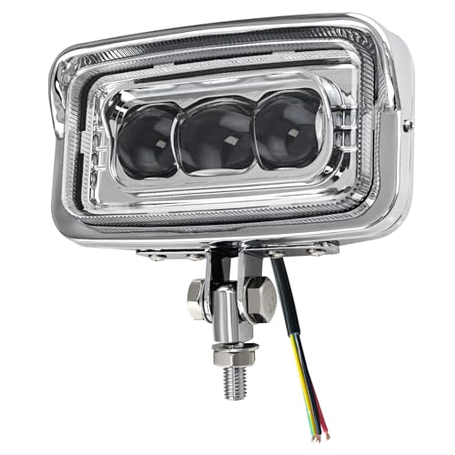 Motorcycle LED Headlight Upgraded Square Front Light With Visor Trim 6.5" x 3.5", Retro High Low Beam Headlamp Bottom Mount Universal Fit Chopper Bobber Cafe Racer Harley Sporsters - Chrome - size: HL-1125-CH