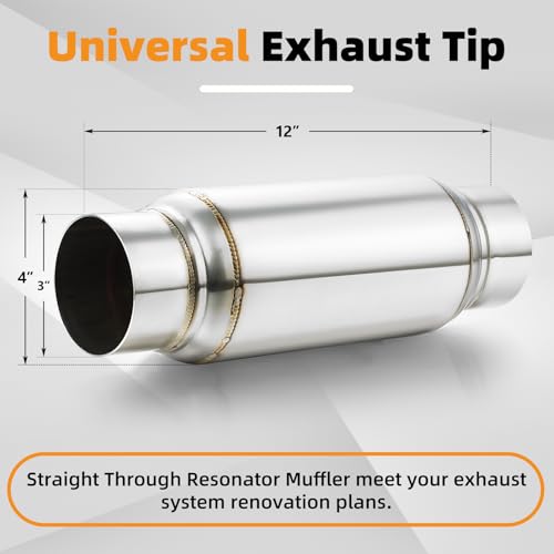 Exhaust Resonator 3" Inlet, A-KARCK 3" Inlet 3" Outlet 12" Overall Length Muffler Resonator Deep Tone Clear Up Rasp - size: 3" Inlet/Outlet 12" Long - Polished