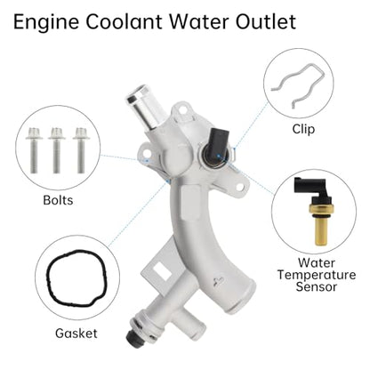 Engine Coolant Water Outlet Housing Aluminum with Sensor - Replaces 25193922, 55565334 - Compatible with 2011-2016 Chevrolet Cruze, 2012-2020 Sonic, 2013-2020 Trax, 2013-2019 Buick Encore